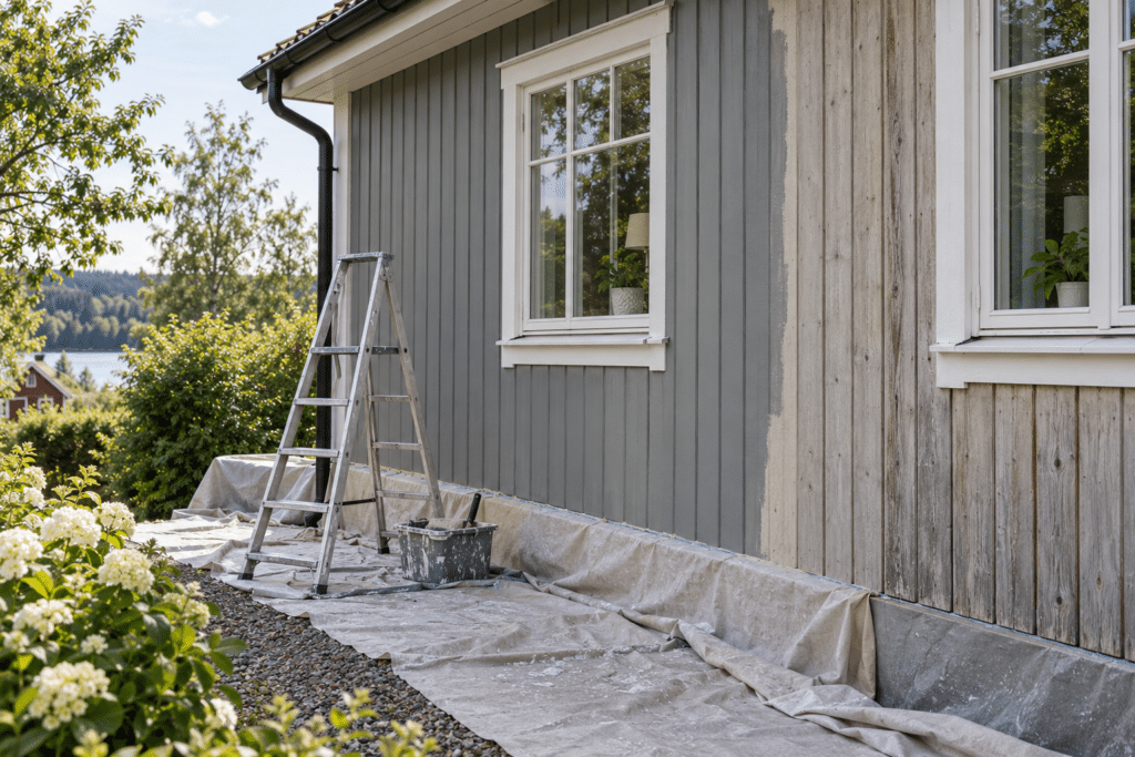 Grå trähusfasad med stege och skyddsplast inför målning