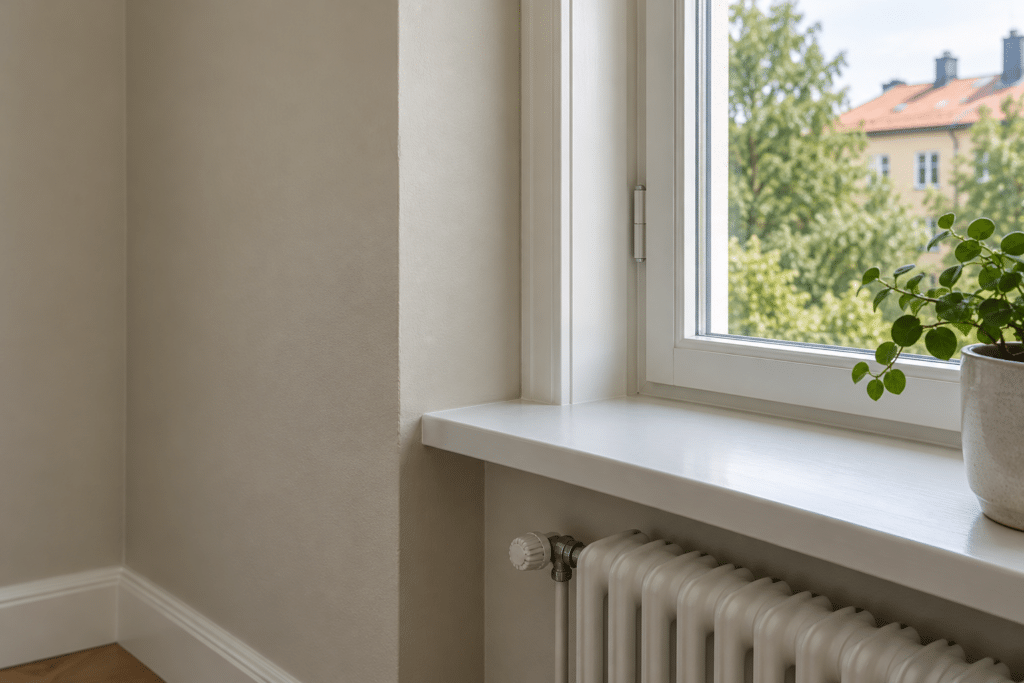Vitt fönster med fönsterbräda och radiator i ett ljust rum