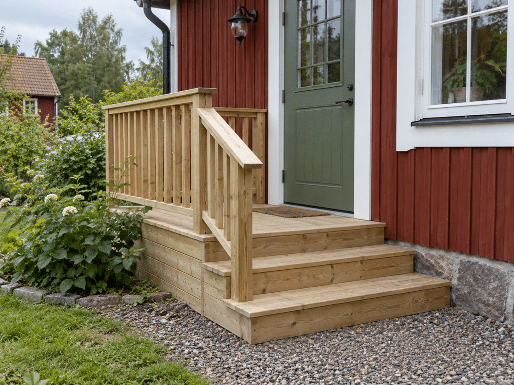 Trätrappa med räcke vid grön entrédörr på rött trähus